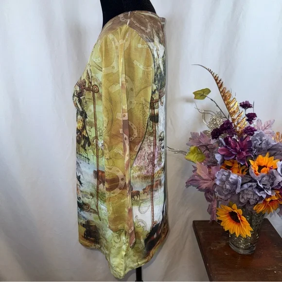 Rebecca Malone Western Horse Wild West Graphic Tunic Top Sheer Long Sleeve L - Picture 2 of 8